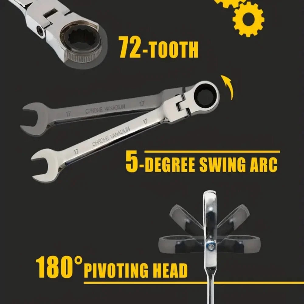 Flexible Ratcheting Combination Wrench Set, 6-17mm Metric Key Wrench Ratchet Spanner Metric Hand Tool Sets, Car Repair Tools