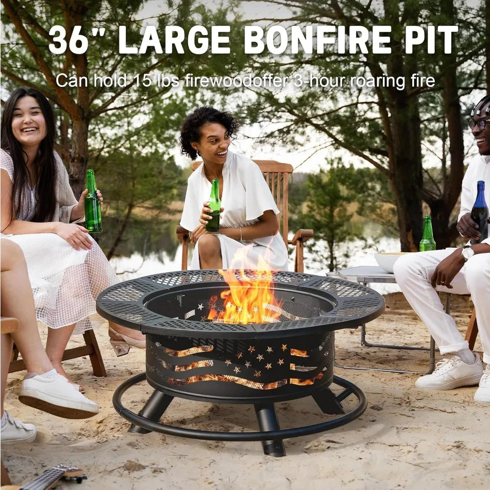 36 Inch Fire Pit with 2 Cooking Grates, Outdoor Wood Burning BBQ Grill Firepit Bowl with Cover Lid, Steel Round Table for Backya