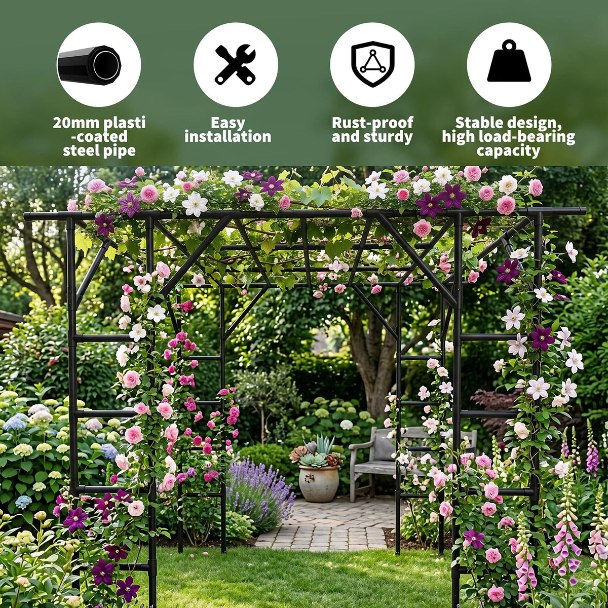 HiMiss 132in Garden Arch Trellis For Cucumber Grape Vine, Heavy Duty Metal Plant Trellis For Climbing Vegetables Flowers Raised Beds