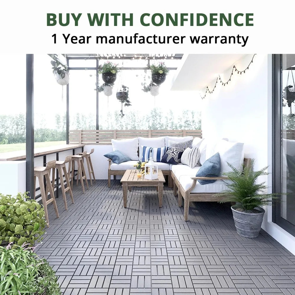 Acacia Wood Deck Tiles, Interlocking Outdoor Indoor Flooring Mats. (12x12 Pack 30, Light Gray)