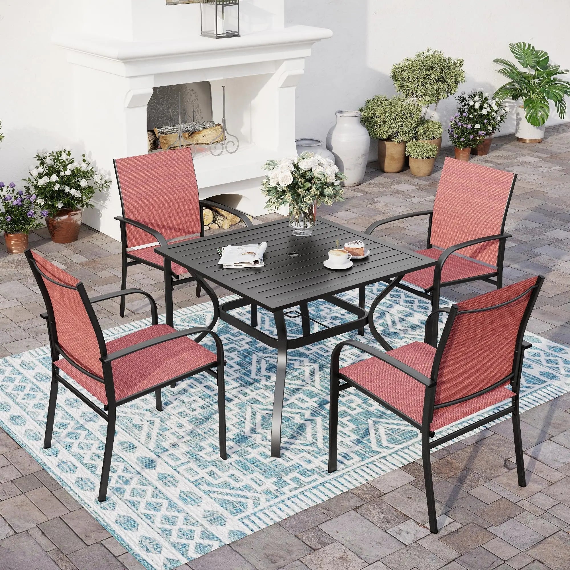 SUNSHINE VALLEY 5/9 Piece Patio Dining Set, Square Table with Umbrella Hole, 4 Metal Brown Chairs, Outdoor Table Chairs Set