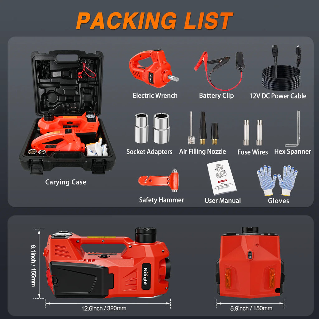 Nilight Electric Car Jack Kit 5 Ton 12V Hydraulic Car Jack with Impact Wrench, 3 in 1 Portable Electric Floor Jack with Tire Inflator Pump LED Light for Sedan SUV Truck Change Tire Garage Repair