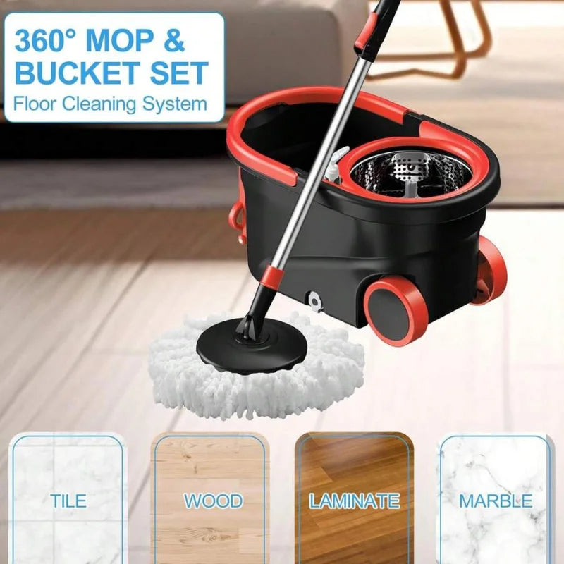 Spin Mop And Bucket With Wringer Set, 360° Rotating Head Mop Bucket System With 3 Microfiber Mop Refills Wet