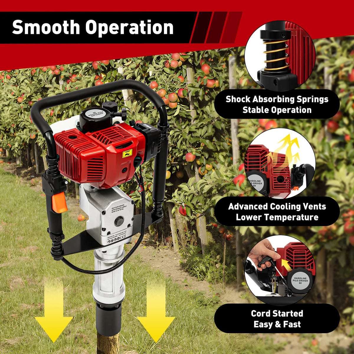 52CC 2-Stroke Gas Post Driver with Anti-Vibration Handle, Heavy Duty Impact Driver for Fencing Construction, Quick Change 2 Socket Sizes for T-Post Wood Post Agricultural Piling Work