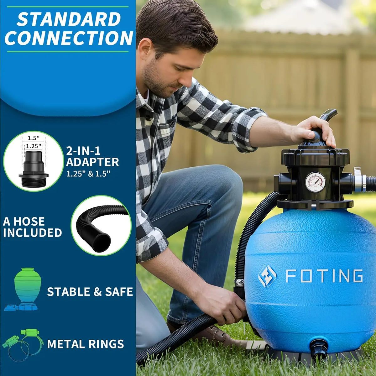 Foting Sand Filter Pump with Timer for Above Ground Pool, Pool Pump Above Ground with 7-Way Multi-Port Valve, Pool Sand Filter for High-Efficient Filtration & Circulation