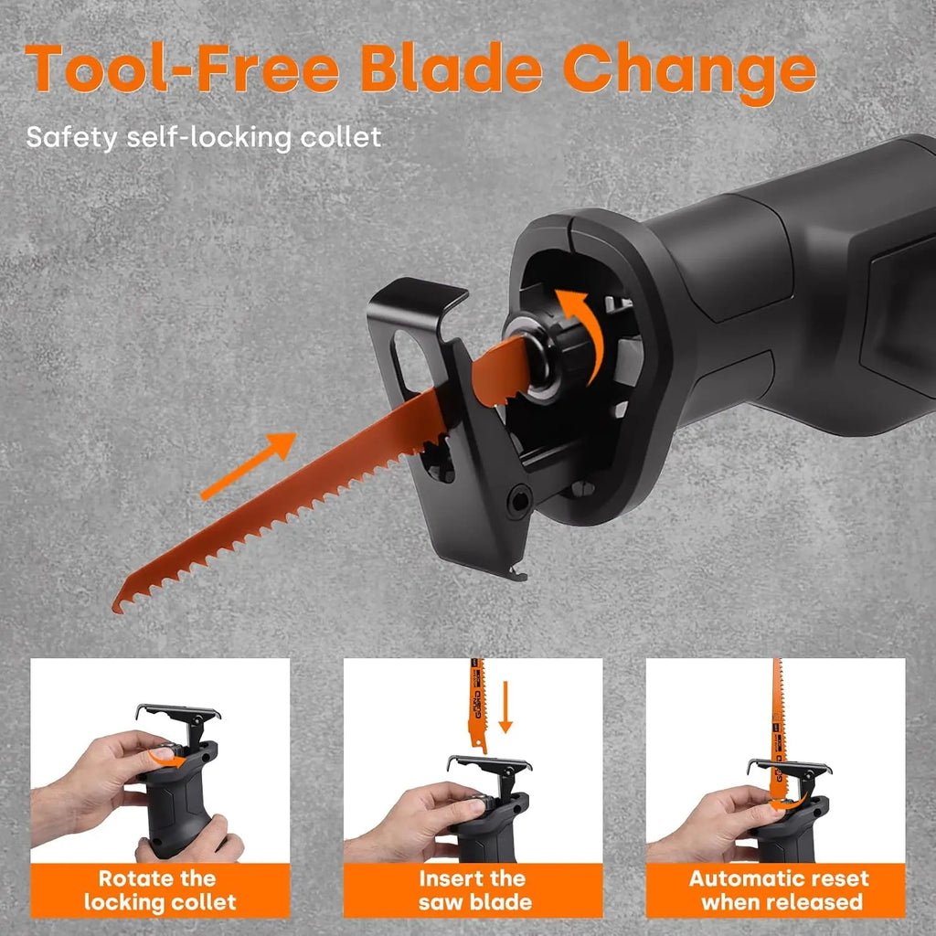 Reciprocating Saw, 710W, 2800 RPM Variable Speed, Tool-Free Blade Change, 20mm Stroke Length, 6pc Blades for Wood, Soft Metal, PVC Pipe Cutting
