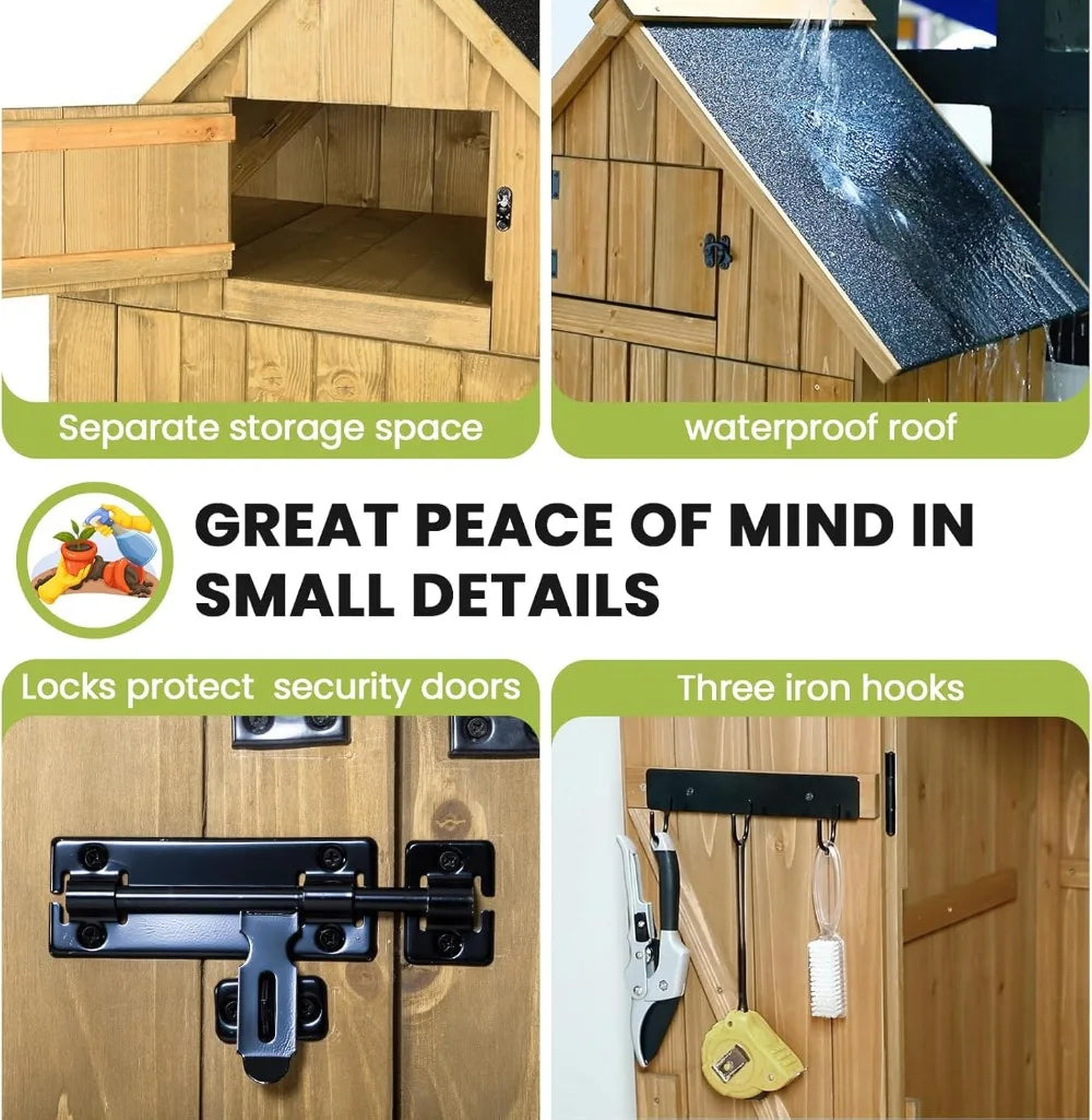 Wooden Outdoor Storage Shed, 70" Tall Double Doors Lockable Waterproof for Garden Backyard
