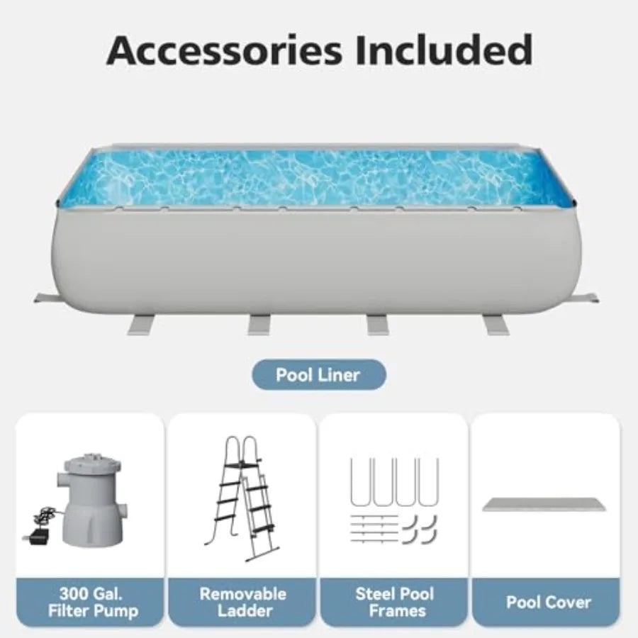 Backyard rectangular above ground pool set, Swimming pool w/steel frame with gray PVC liner, 18' x 9' x 47, includes removable ladder and filter