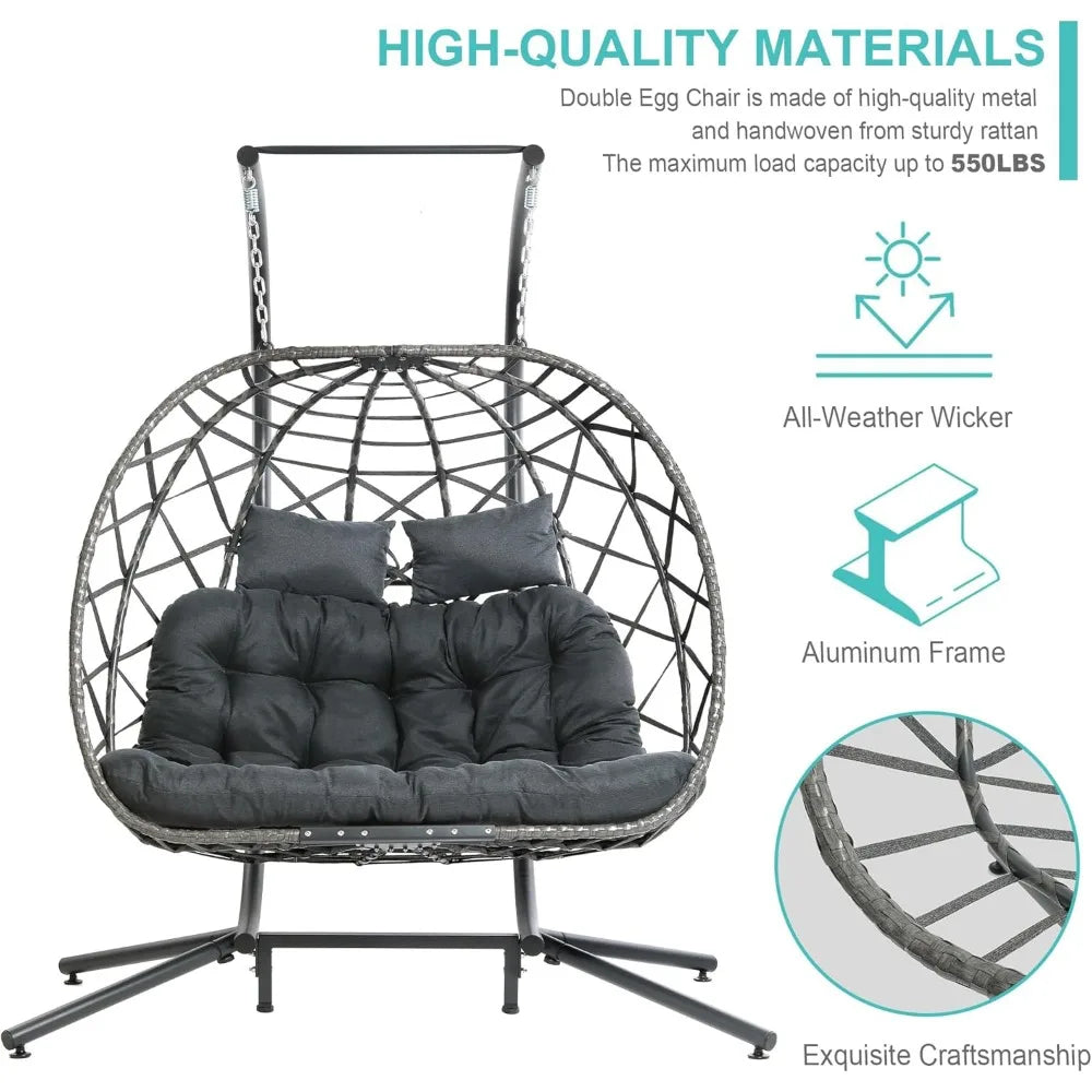 Double Egg Swing Chair with Stand, 2 Person Outdoor Indoor Hammock Hanging with Cushion for Patio Living Room 550 LBS