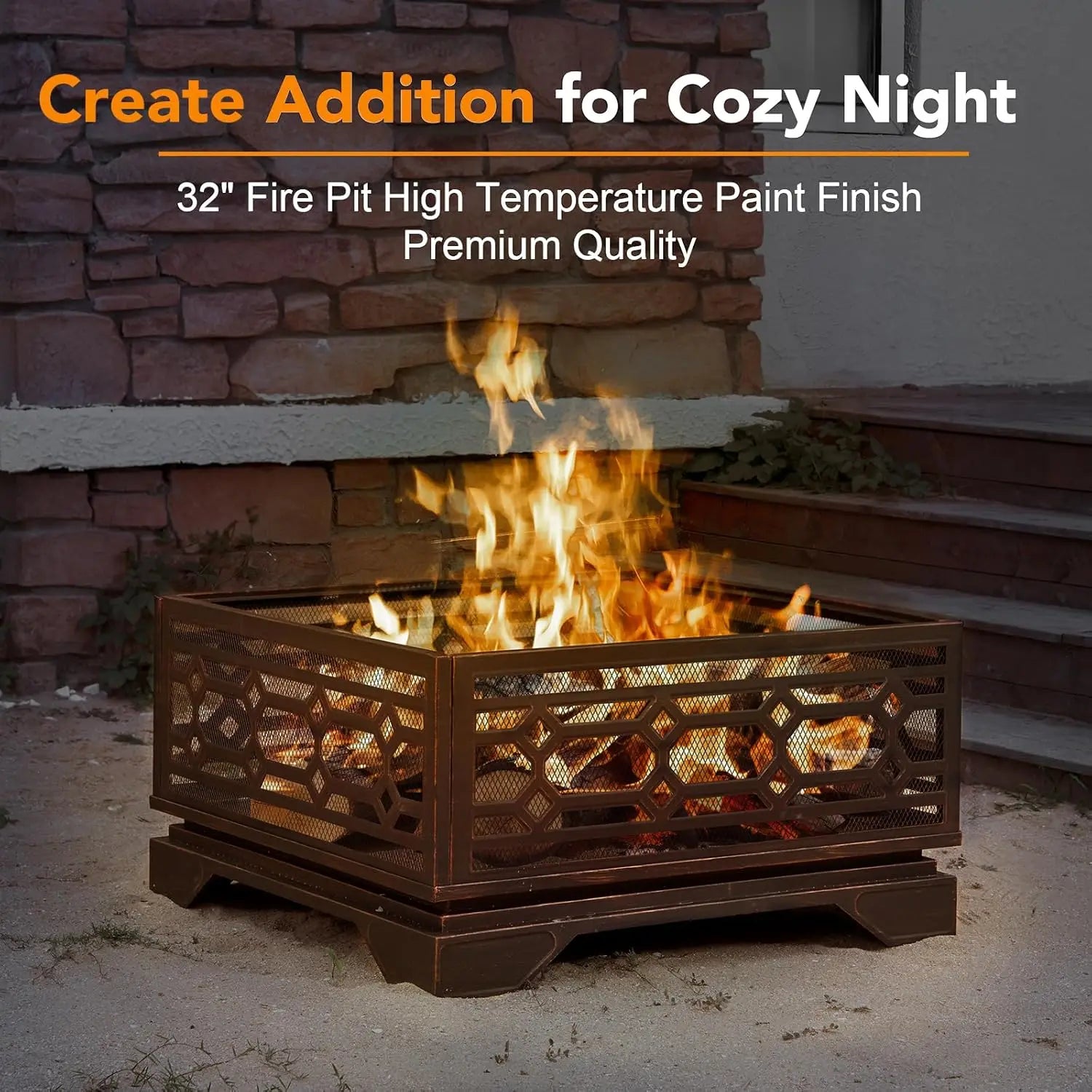 Outdoor Fire Pit, 32 Inch Wood Burning Firepit: Outside Firepit With Mesh Cover & Fire Poker, Large Square Metal Firepit, Customized
