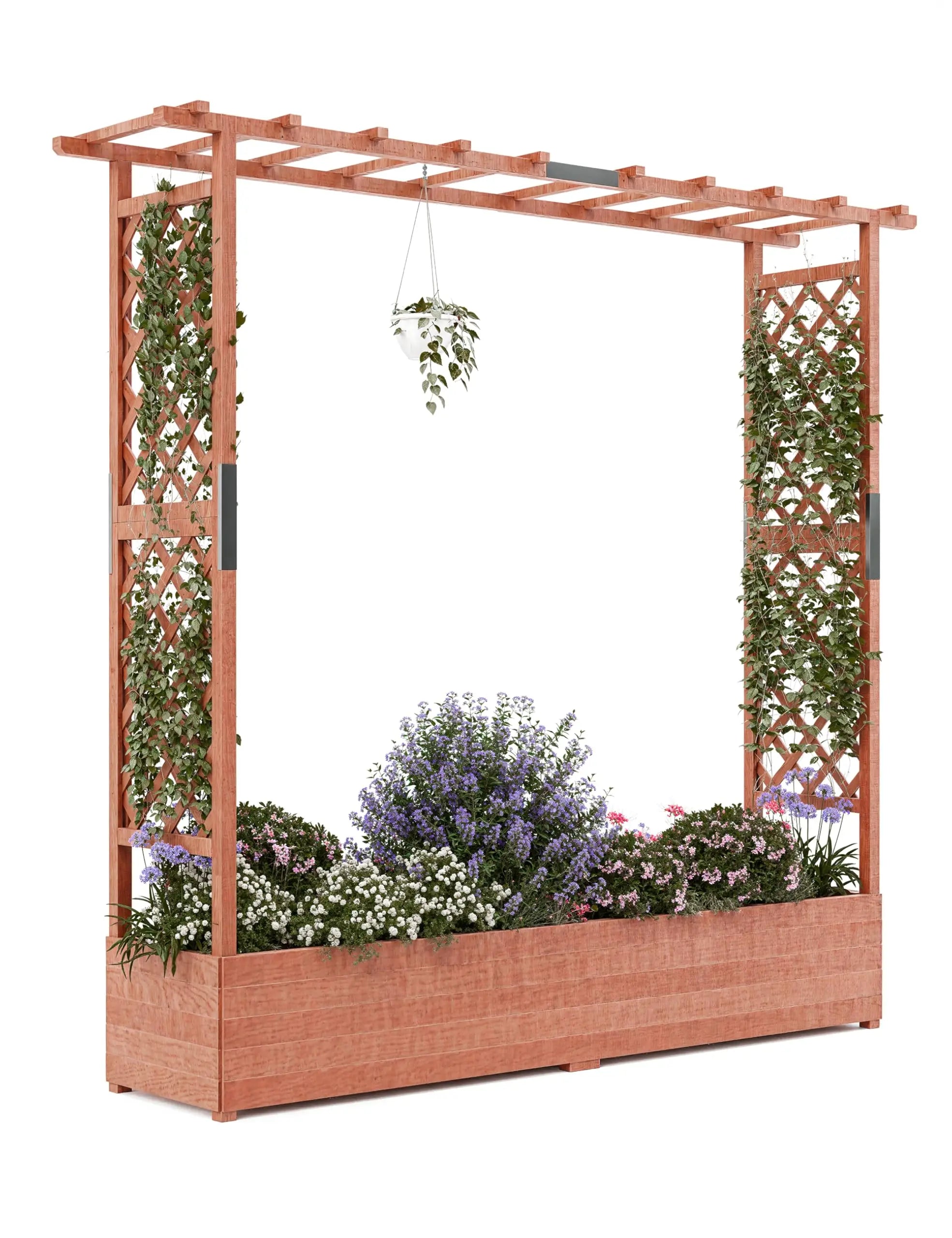 Wooden Raised Garden Bed with Trellis/Canopy/Drainage Hole Freestanding Planter Box for Climbing Plants Vines Blossoms