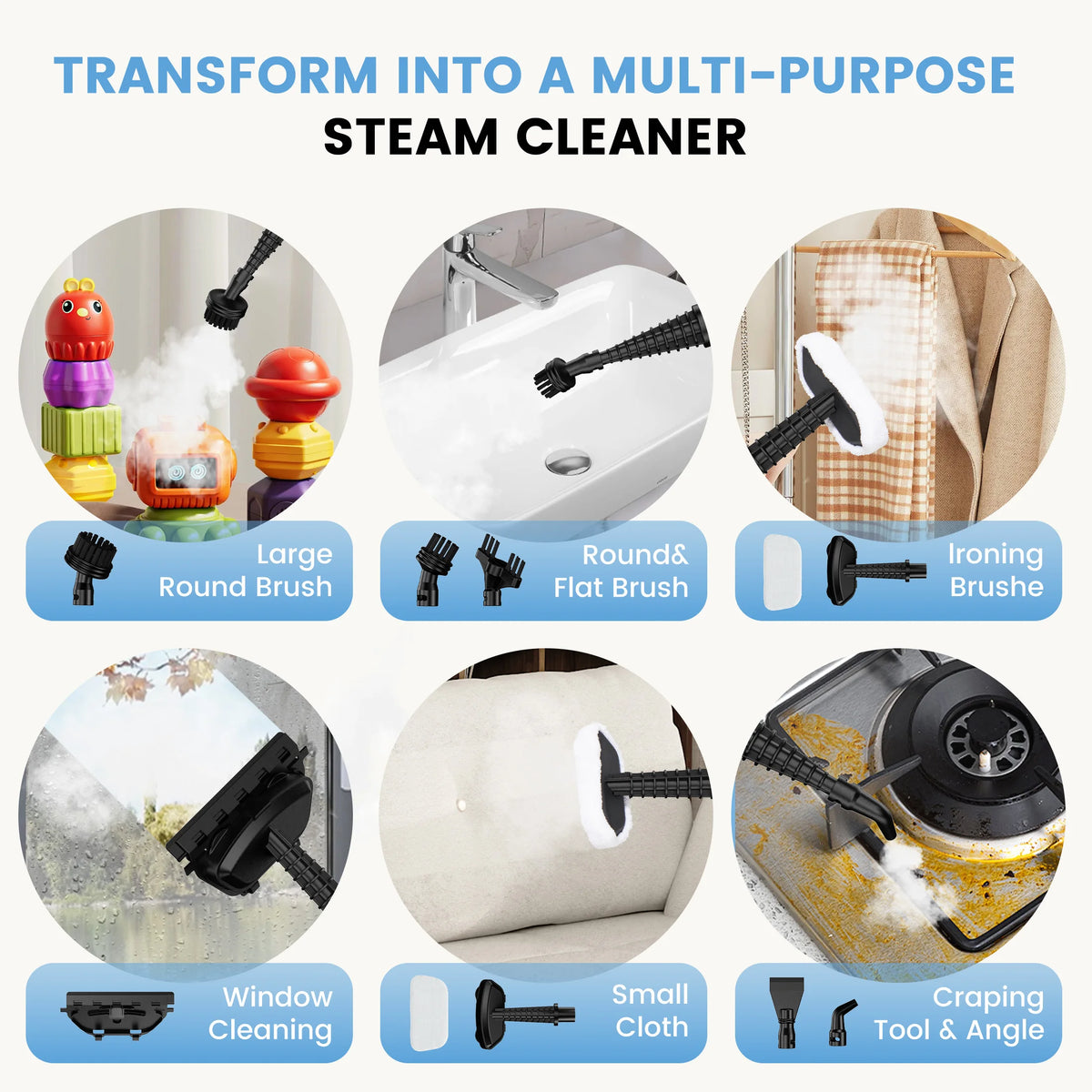 JHK 10-in-1 Multi-Purpose Steam Mop 1550W Detachable Handheld Steam Cleaner for Floor Cleaning 16FT Cord 2 Washable Pads Multi-Purpose