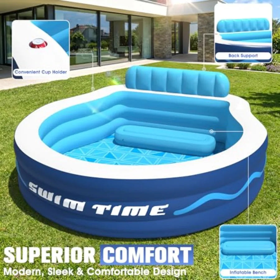 Swim Time Backyard inflatable pool with seat and headrest for adults thickened white PVC oversized 90×90×20 durable family lounging Pool