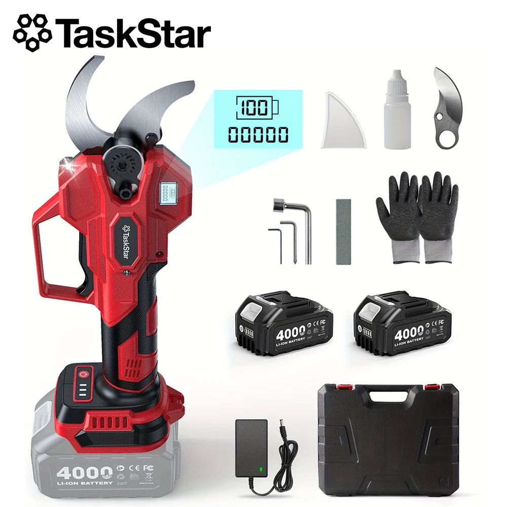 TaskStar Cordless Pruning Shears with SK5 Blade 40MM Electric Shears 3 Adjustable Modes 2 x 2000mAh or 2 x 4000mAh Rechargeable Batteries Powered Trimmer for Cutting Tree Branches