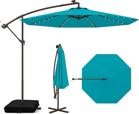 10FT Offset Patio Umbrella with Base Included, Outdoor Cantilever Umbrella with 32 Solar LED Lights, Tilt Adjustment, Crank Han