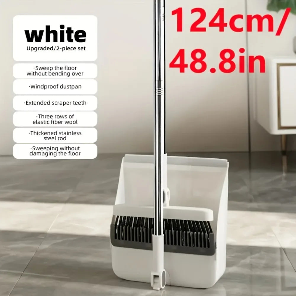 Long Handle Broom and Dustpan Set with Comb Teeth - Durable Floor Cleaning Tools for Pet Hair Removal, Home & Office Use