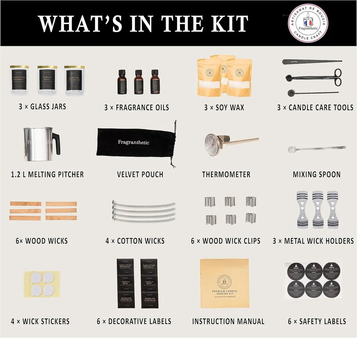 Fragranthetic Luxury Candle Making Kit for Adults | DIY Soy Candle Making Kit with Glass Jars, Wood Candle Wicks, Cotton Wicks & Candle Accessory Set