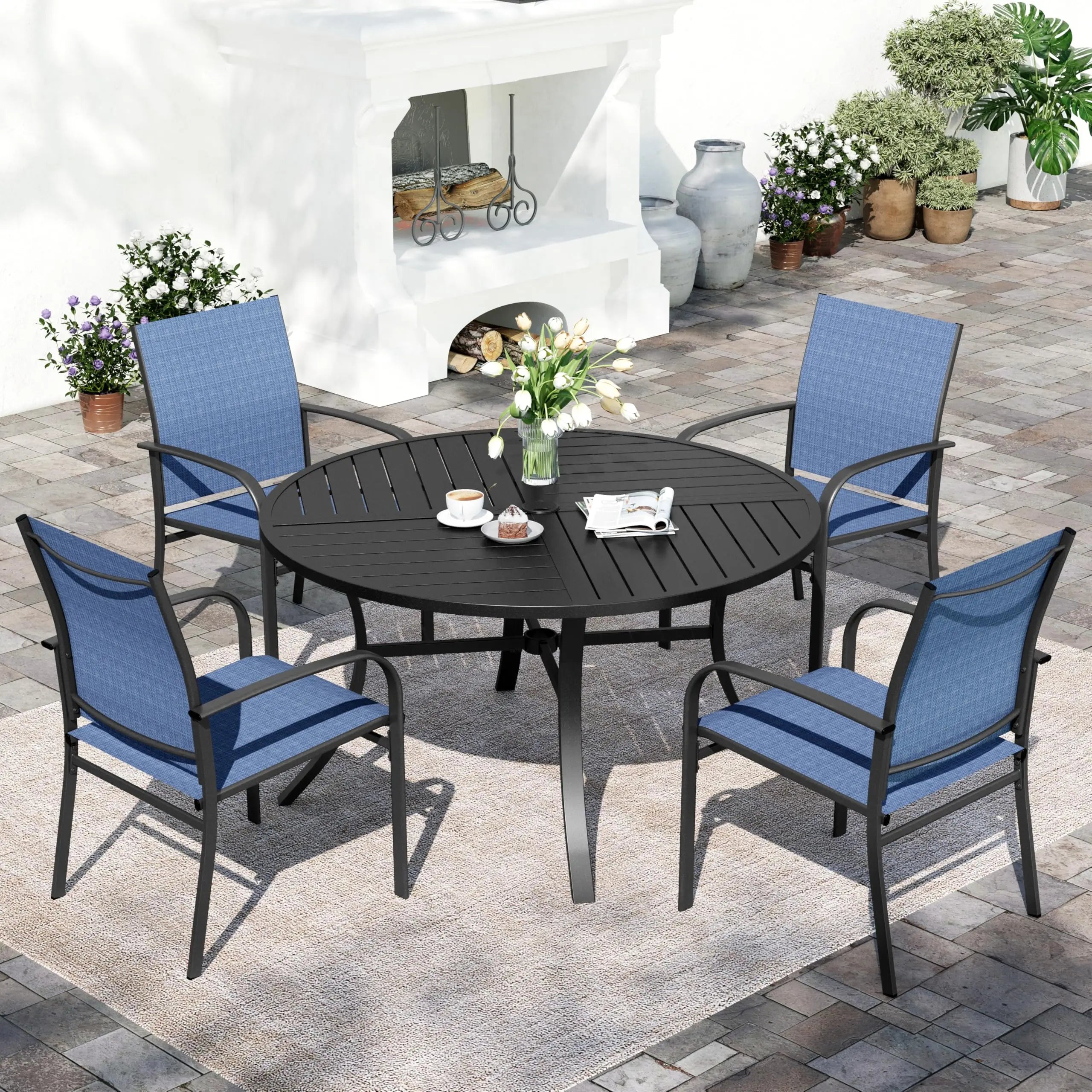SUNSHINE VALLEY 5/9 Piece Patio Dining Set, Square Table with Umbrella Hole, 4 Metal Brown Chairs, Outdoor Table Chairs Set