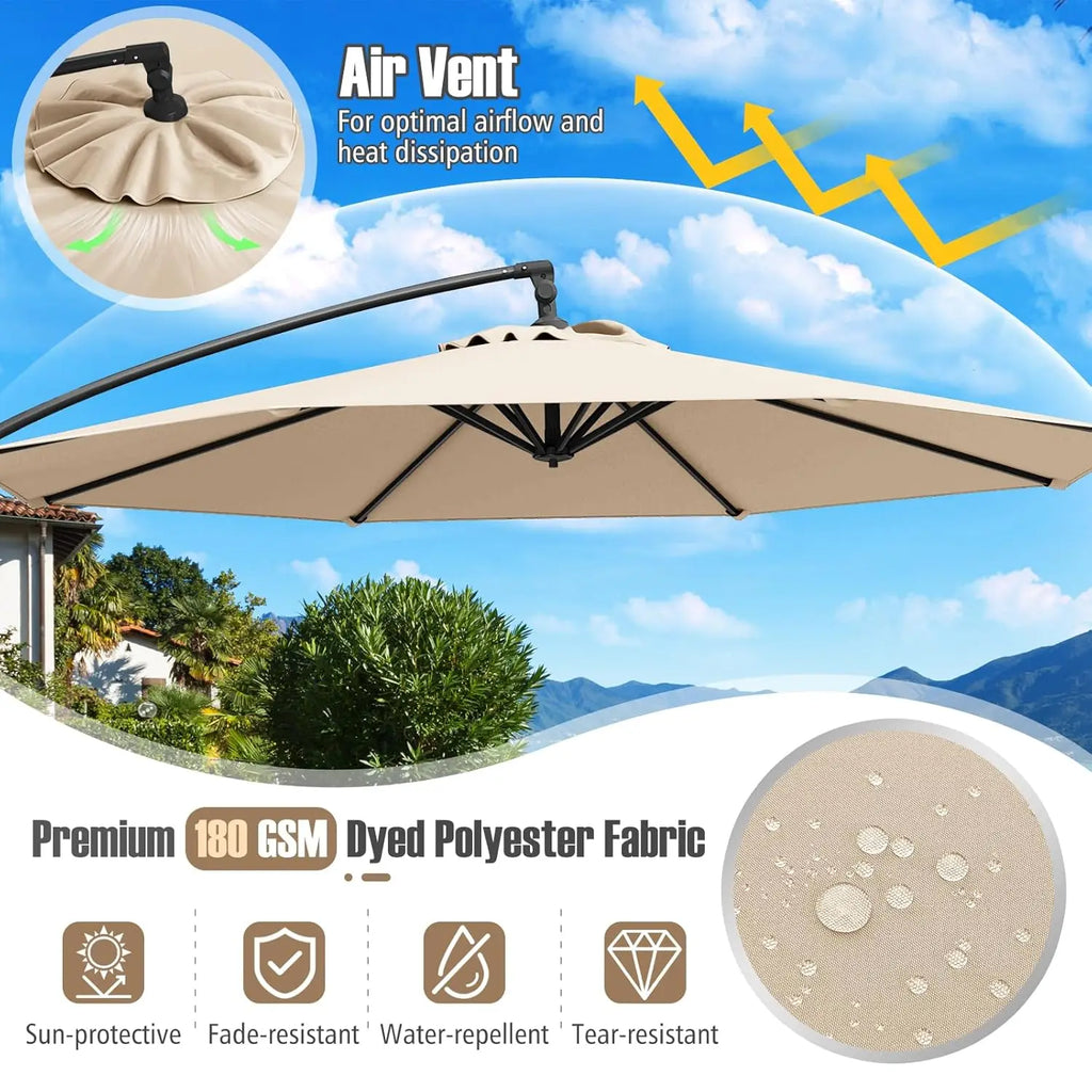 10ft Patio Umbrella with Base, Offset Cantilever Outdoor Umbrella with Infinite Tilt, 360 Degree Rotation, Crank, Customized