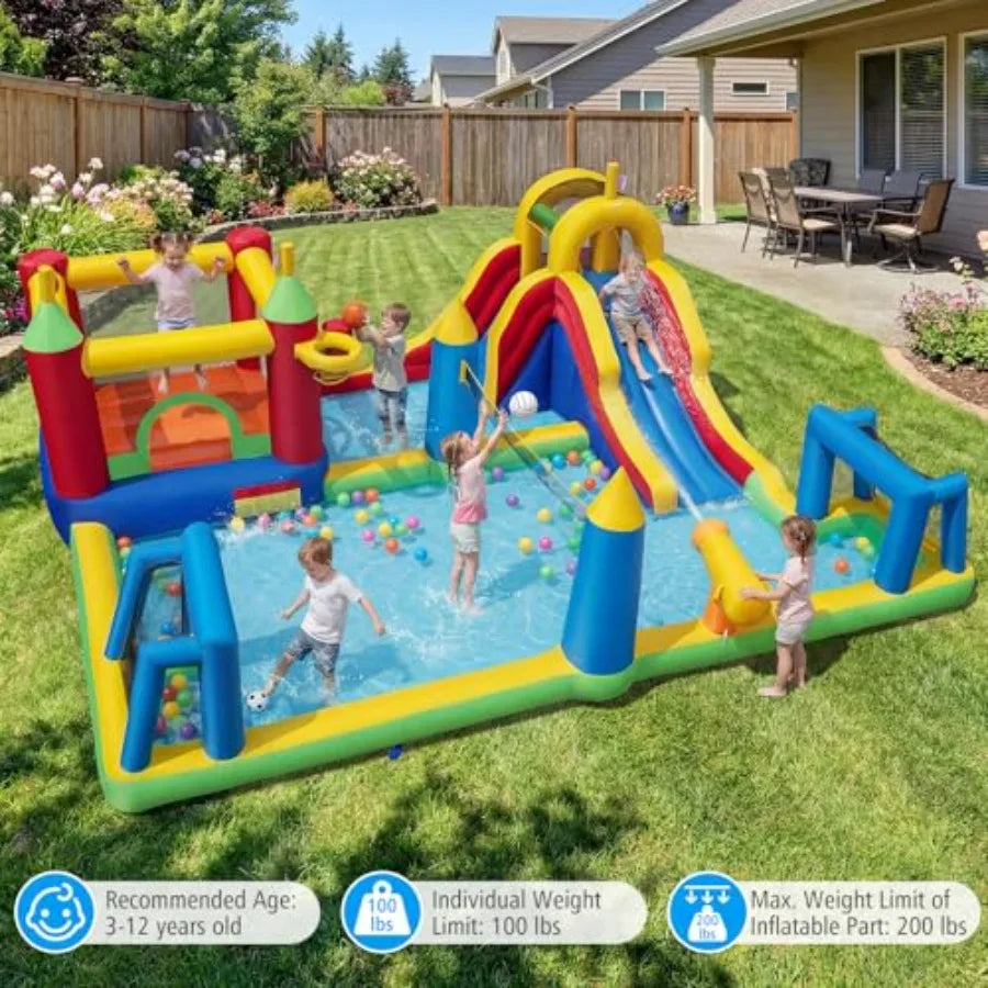 Yao Hui Huang Backyard party inflatable water slide bounce house combo with football/volleyball/basketball area giant splash pool 9-in-1 outdoor play center