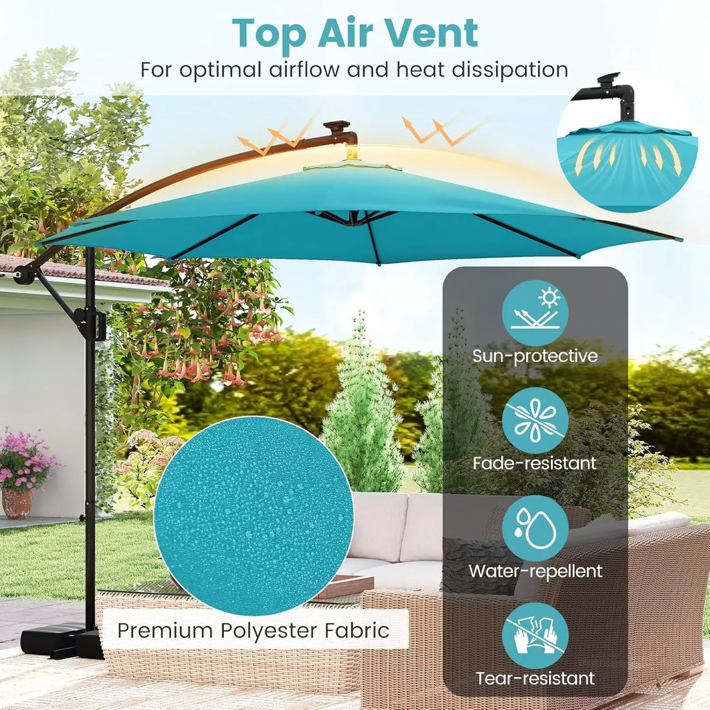 10 FT Solar Patio Umbrella with Base Included, Cantilever Offset Hanging Outdoor Umbrella with 96 Multi-Colored Solar Lights