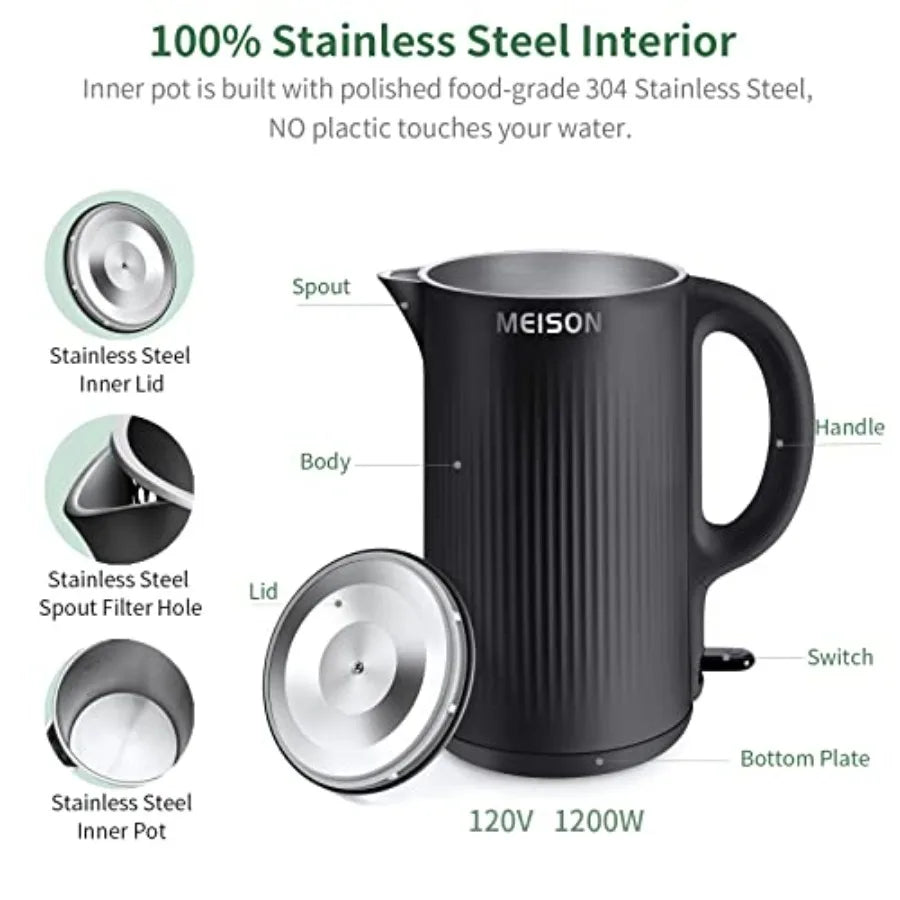 Electric Kettles Stainless Steel for Boiling Water, Double Wall Hot Water Boiler Heater, Cool Touch Electric Teapot, Auto Shut Off