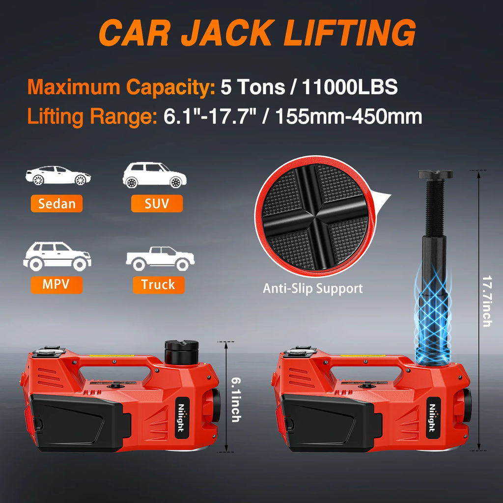 Nilight Electric Car Jack Kit 5 Ton 12V Hydraulic Car Jack with Impact Wrench, 3 in 1 Portable Electric Floor Jack with Tire Inflator Pump LED Light for Sedan SUV Truck Change Tire Garage Repair