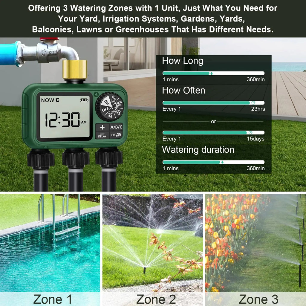 3-Zone Programmable Sprinkler Timer, Automatic Irrigation System with Rain Delay & Manual Watering, Brass Inlet Controller for Garden & Lawn