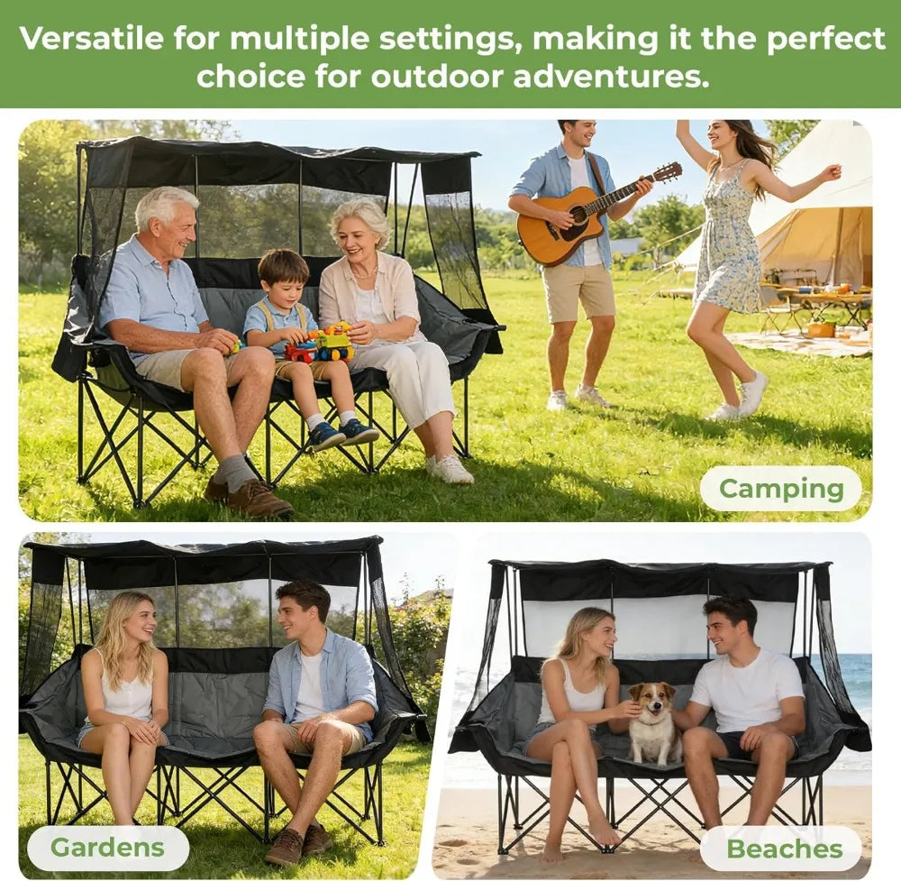Oversized 3 Person Camping Chair with Canopy Shade, Fully Padded, Folding Outdoor Chair for Camping, Lawn, Backyard