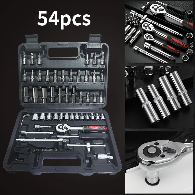 Zuswod Household ratchet wrench socket tool set, car/bicycle repair machinery tool kit, 1/4 "drive depth and standard socket, professional racing grade car parts repair quick ratchet wrench and other car repair parts tool kit