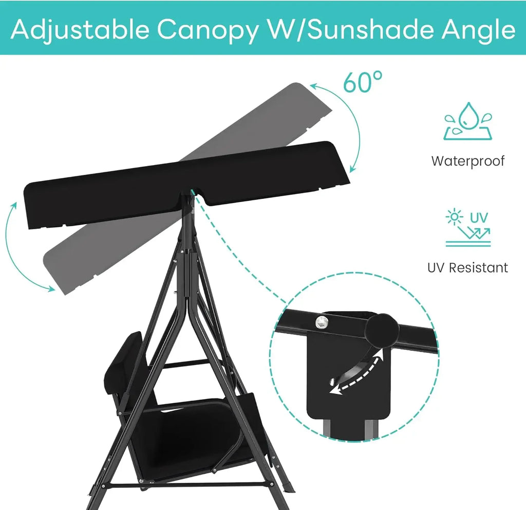 Outdoor Patio Swing W/Adjustable Canopy Heavy Duty Stand Three Persons Deck Lawn Backyard Porch Black