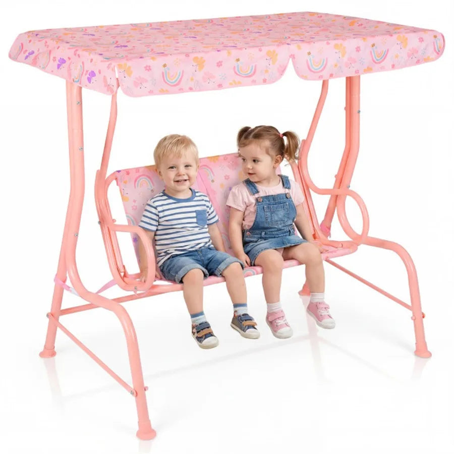2-Seater Patio Swing with Adjustable Canopy and Safety Belts, Outdoor Toddler Swing Bench - PINK