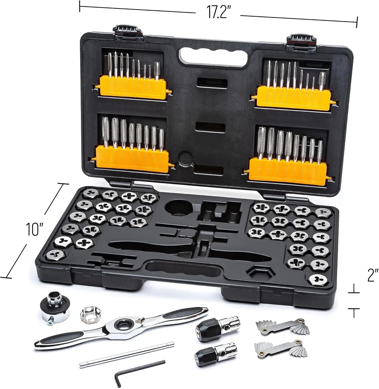 75-Piece SAE/Metric Ratcheting Tap and Die Set - 5° Swing Arc, Reversing Lever, Twist Lock Guide