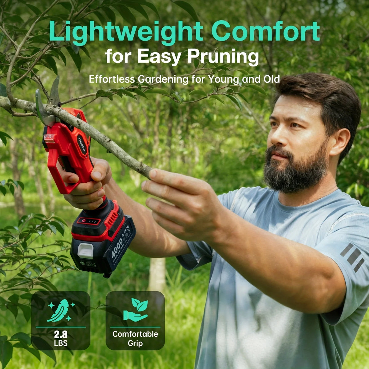TaskStar Cordless Pruning Shears with SK5 Blade 40MM Electric Shears 3 Adjustable Modes 2 x 2000mAh or 2 x 4000mAh Rechargeable Batteries Powered Trimmer for Cutting Tree Branches