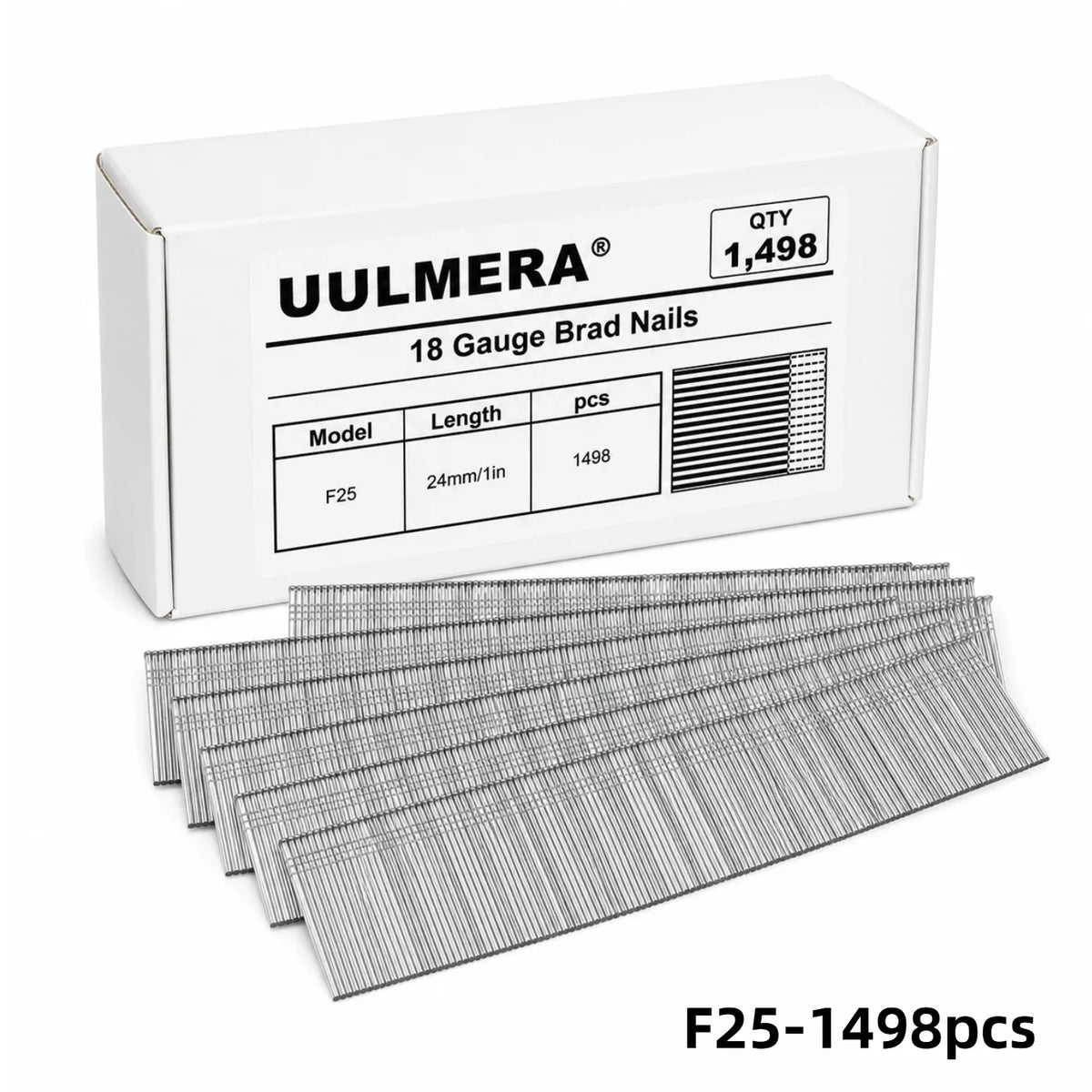 UULMERA 1498PCS 18 Gauge Brad Nails, F15/F20/F25/F30/F38/F50 Galvanized Nail Gun Nails for Pneumatic, Electric Brad Nailer Gun