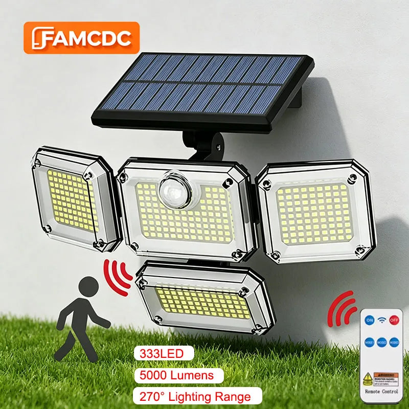5000LM Outdoor Motion Sensor Lamp 333 LED IP65 Waterproof 4-Head Solar Power Light  Flood Lights 270° Lighting Range Outdoor Indoor Solar Garden Lamp With Adjustable Head Wide Lighting