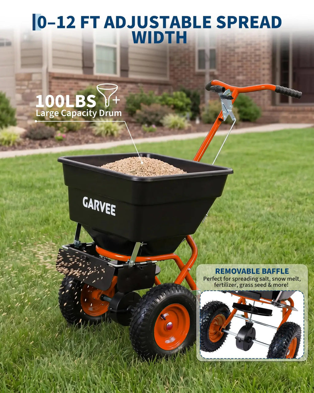 HiMiss Push Lawn Spreader 100lb Broadcast Spreader With Rain Cover Gloves 12ft Spread Width Adjustable Seed Fertilizer Salt Spreader