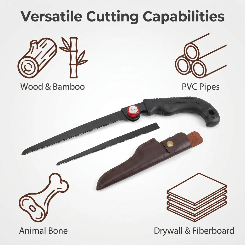 Portable Retractable Garden Pruning Saw, SK85 Steel 3-Sided Sharp Teeth Hand Saw with Leather Cover, Anti-Rust Wood Saw for Tree Trimming, Camping & Outdoor Cutting