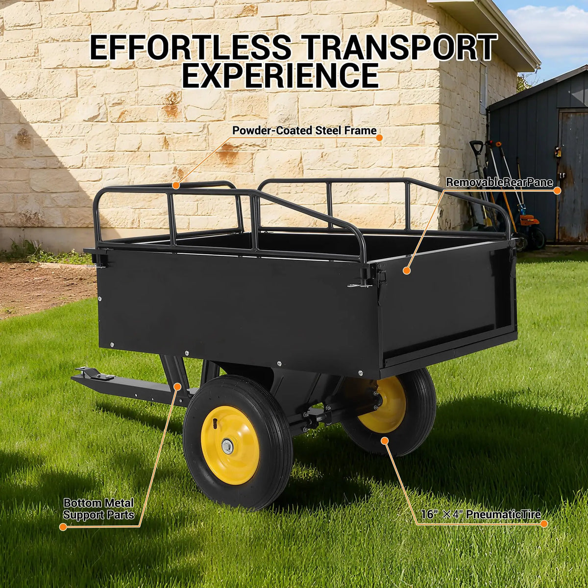 750 lb Steel Dump Cart 17 Cu Ft ATV Utility Trailer, Removable Sides, Pull Behind Lawn Mower Tractor UTV Garden Yard Hauler