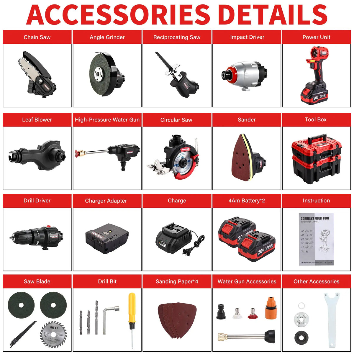 Teeno 20V MAX Brushless Power Tool Combo Kit, 9-in-1 Cordless Interchangeable Multi-Tool Set (Drill, Impact, Grinder, Sander, Circular, Chain & Reciprocating Saws, Blower, Washer), 2x 4.0Ah Batteries