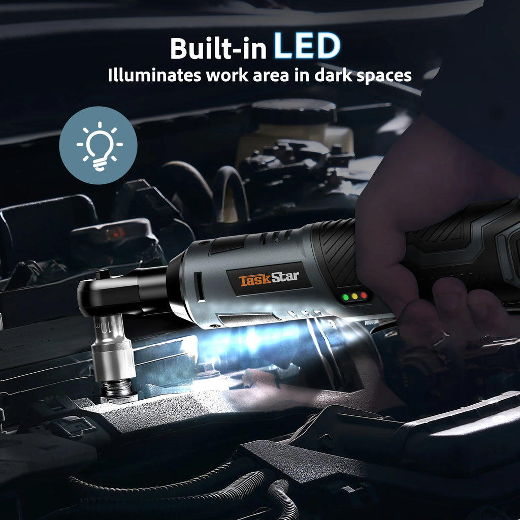 TaskStar 3/8" Driver Cordless Ratchet Wrench with 1/4" Adapter &7 Sockets & 2 2.0Ah Batteries 12V Car Dismantling Tool Electric Wrench Kit