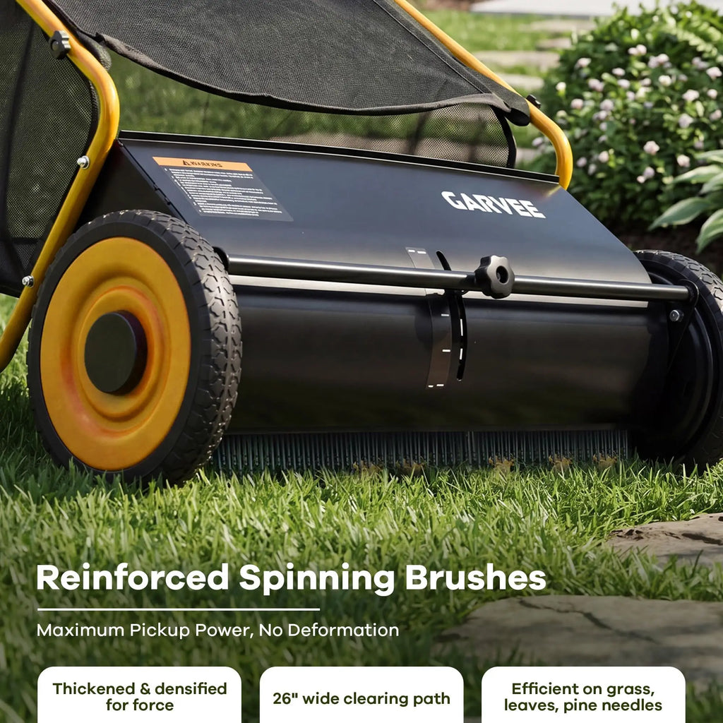 HiMiss Push Lawn Sweeper 26in Leaf & Grass Collector, 7 Cu.Ft Hopper Bag With Cover, Adjustable Brush Height, Steel Yard Sweeper