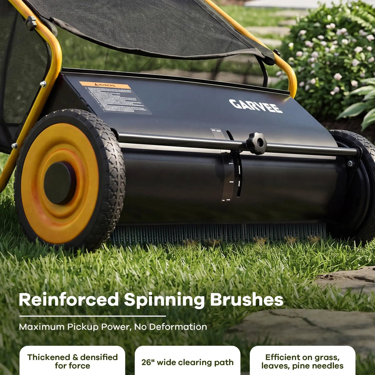HiMiss Push Lawn Sweeper 26in Leaf & Grass Collector, 7 Cu.Ft Hopper Bag With Cover, Adjustable Brush Height, Steel Yard Sweeper
