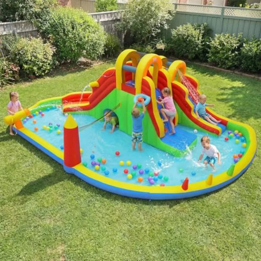 YAO HUI HUANG Inflatable Water Slide Park, 12 in 1 Kids Mega Water Bounce House with Large Deep Pool, 2 Long Slides, Bouncy Castle, Blow up Water Slides for Big Kids 3-12 Backyard Outdoor, Without Air Blower