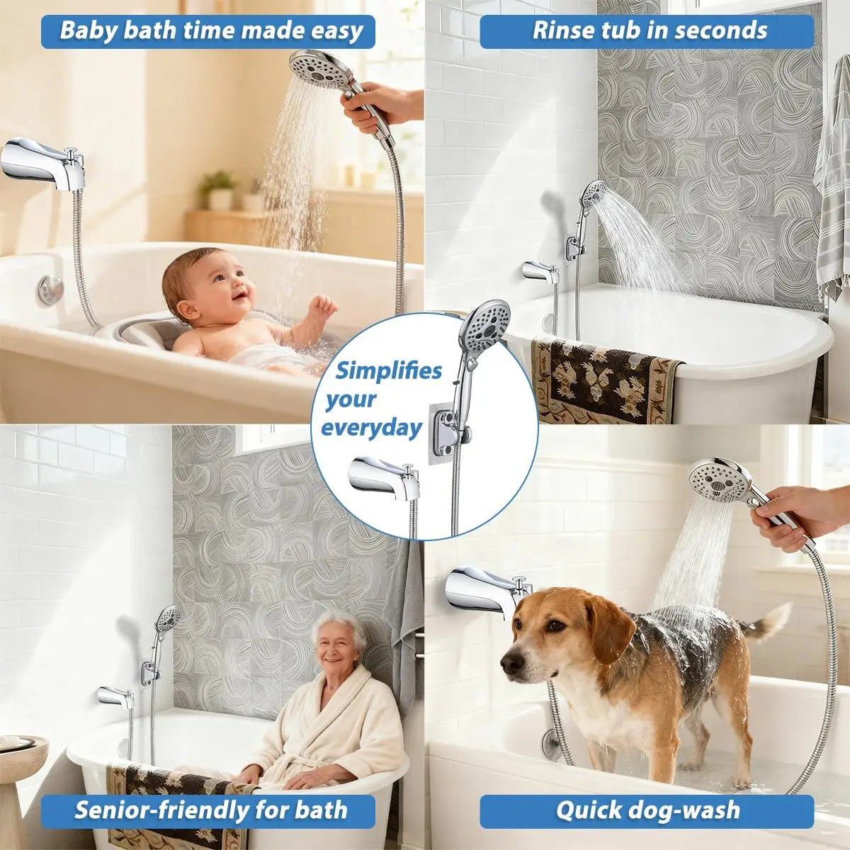 Chrome Tub Spout with Diverter, 6-Setting Handheld Shower with Pause