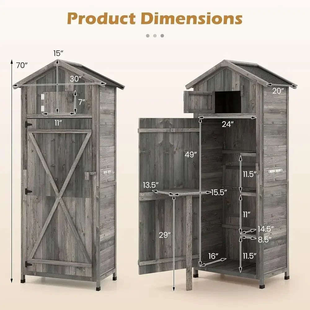 70 Tall Outdoor Wooden Storage Shed with Folding Table and Removable Shelves for Garden, Patio, or Backyard (Grey, 30x20x70)