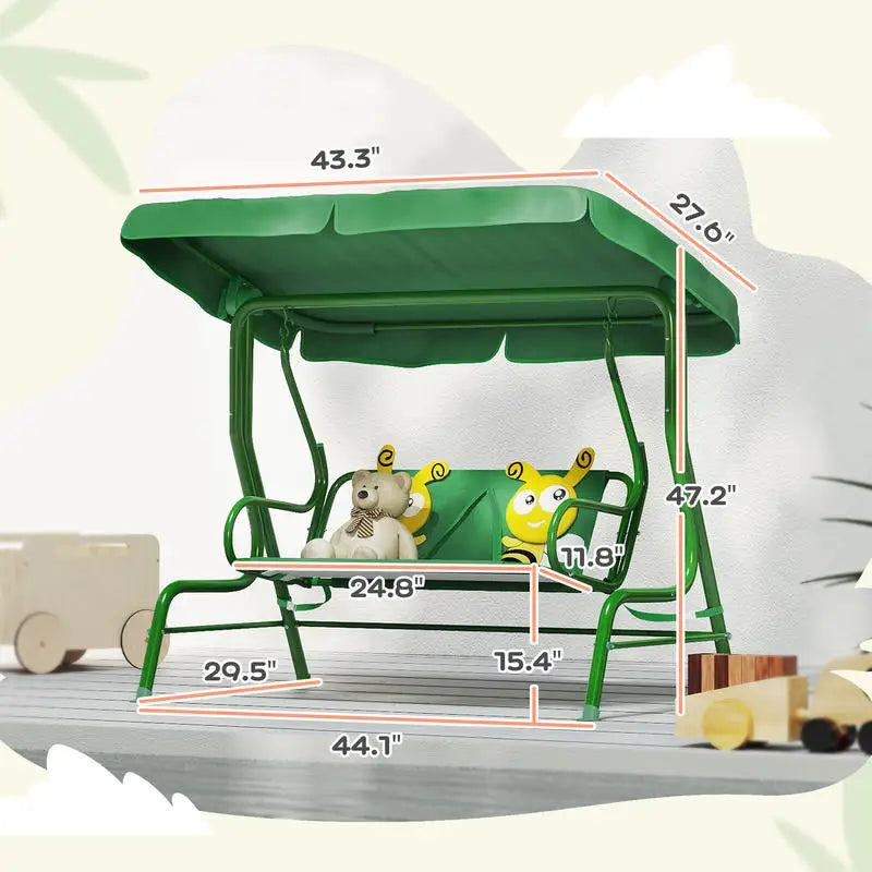 Kids Patio Swing Chair with Adjustable Canopy, Safety Belt for Patio, Garden, Poolside, Balcony, Dark Green