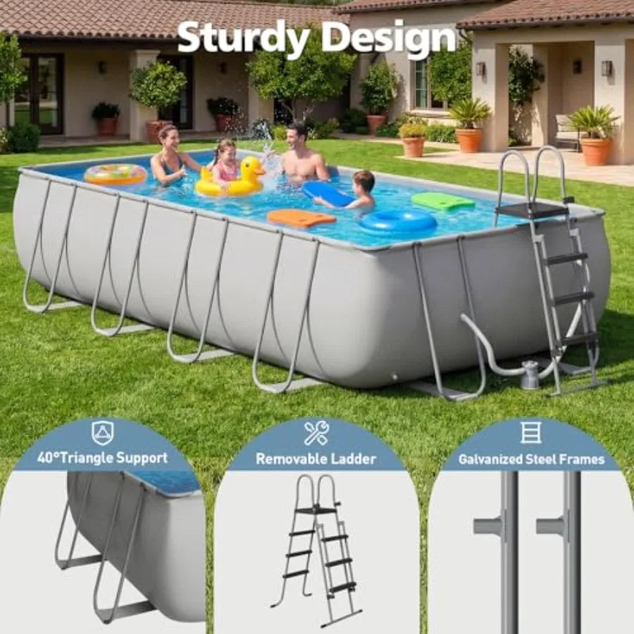 Backyard rectangular above ground pool set, Swimming pool w/steel frame with gray PVC liner, 18' x 9' x 47, includes removable ladder and filter