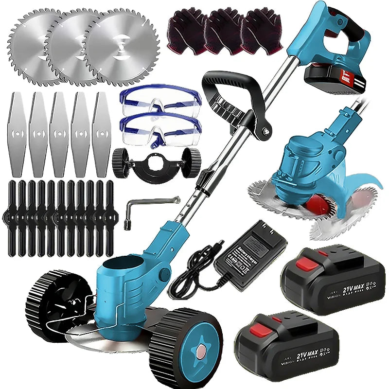 Wireless portable weed trimmer for lawn trimming. The trimmer is equipped with 2 lithium batteries and comes with replaceable blades