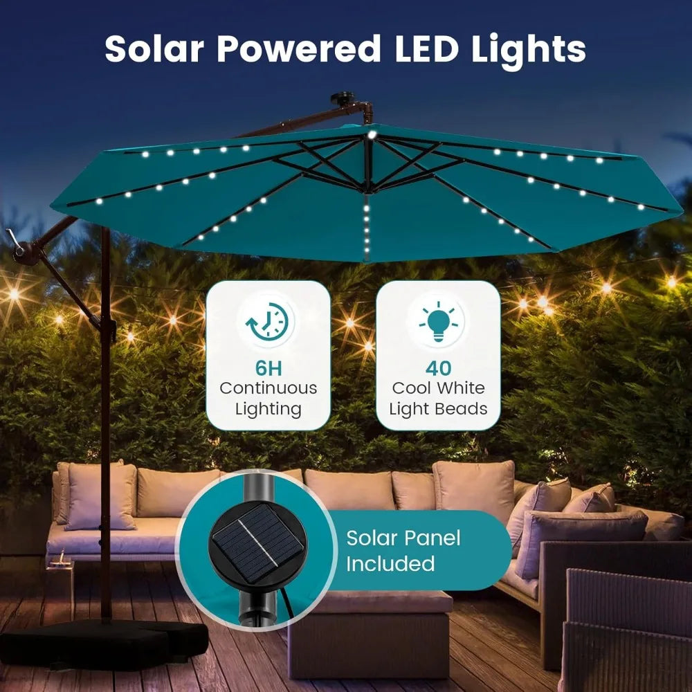 10FT Offset Patio Umbrella with Base Included, Outdoor Cantilever Umbrella with 32 Solar LED Lights, Tilt Adjustment, Crank Han
